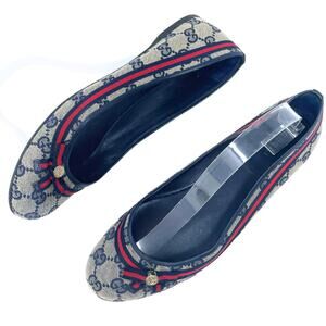 Gucci Flats Shoes GG Logo Monogram Canvas Leather Navy Blue Red Ophidia Web 38.5